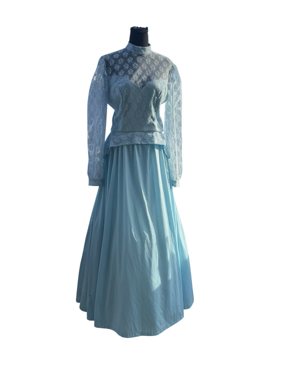 Vintage Light Blue Lace Overlay Long Sleeve Formal Gown